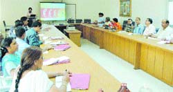 Teachers attend a stress management workshop at KV-1 in Jalandhar cantonment.