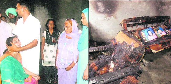 Simranjit Kaur, alias Indu Bala, kingpin of Moga sex scandal, being consoled at Suraj Nagar in Moga on Tuesday; (right): A view of the burnt down house.