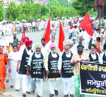 CPM activists hold a rally against the alleged malpractices of the SAD-BJP combine during the recently concluded Panchayati Raj elections in Jalandhar