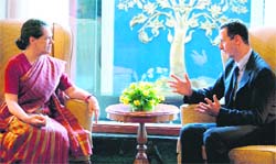 Chairperson of UPA and Congress president Sonia Gandhi listens to Syrian President Bashar al-Assad during a meeting in New Delhi