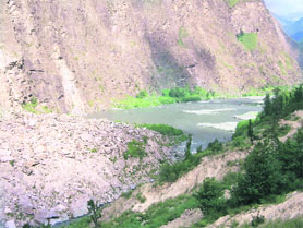 A view of a landslide that blocked the course of the Ravi, leading to the formation of an artificial reservoir in 2005.