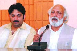 Peer Ghulam Farid and his son Kamran Fared interact with mediapersons in Jalandhar