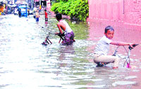 Rainwater accumulates in the Kotwali area after a downpour in Amritsar on Friday.