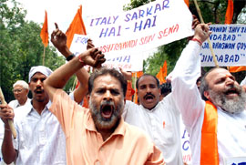 Activists of the Rashtriyawadi Shiv Sena protest against the Italian government outside the Italian Embassy in New Delhi on Friday. They were protesting against the alleged atrocities on the Roma community by the Italian Police. 