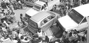 Traffic chaos at the Lahori Gate chowk in Patiala on Saturday. 