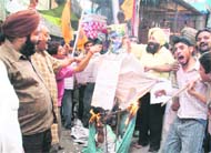 Members of the Sikh community burn the effigy of Dera Sacha Sauda chief Gurmeet Ram Rahim in Jalandhar 