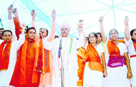 Praveen Togadia, international general secretary of the Bajrang Dal, attends a public rally in Jammu on Sunday.
