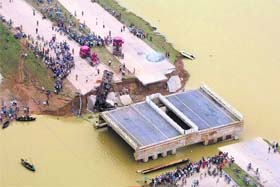 An aerial view of the damaged national highway near Balasore, about 220 km west of Kolkata