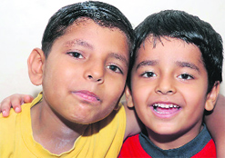 Nine-year-old Janu (left), who suffers from thalassaemia major, with his younger brother Sanyam, who will donate bone marrow to save his life, at their house in Karnal on Tuesday.