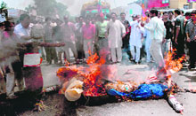 BJP activists burn effigies of the People's Democratic Party patron and former chief minister Mufti Mohammad Sayeed, Deputy Chief Minister Muzaffar Hussian Beig in Nagrota in Jammu on Tuesday.