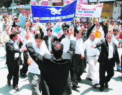 Members of the Kashmir Bar Association protest against the government decision to transfer forest land to the Amarnath Shrine Board on the second consecutive day in Srinagar on Tuesday.