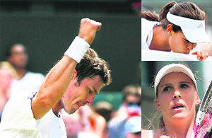 Russias Marat Safin celebrates after beating his Serbian opponent Novak Djokovic; (inset top) Ana Ivanovic of Serbia kisses the net after beating Nathalie Dechy of France; (inset below) Czechs Nicole Vaidisova reacts during her match against Australia's Samantha Stosur at the Wimbledon championships in London on Wednesday.