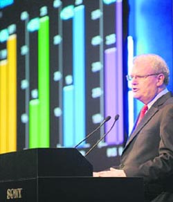 Sony chairman and CEO Howard Stringer speaks at a press conference announcing Sony Group's mid-term corporate strategy at its headquarters in Tokyo on Thursday.