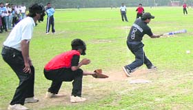 A softball match of the 30th Senior National Softball Championship in progress at Panjab University in Chandigarh