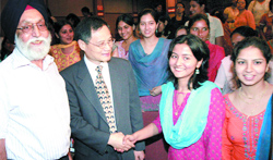 Union minister of state for youth affairs and sports M.S. Gill and Chinese ambassador Zhang Yan with members of the Indian youth delegation visiting China under the 'Indo-China Youth Exchange Programme' in New Delhi