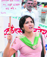 Members of Left organisations hold a protest in Karnal on Friday. 