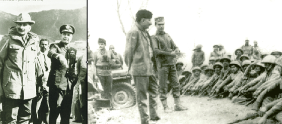 Lt-Gen Manekshaw with Air Marshal Minoo Engineer during the visit of defence minister Y. B. Chavan to the North-East; and right: Sam interacts with troops during the 1971 war.