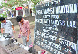 A tea vendor runs a stall on the Punjab and Haryana Public Analyst Lab campus in Sector 11, Chandigarh. Whether the lab tests and ensures that water and milk used to prepare tea are not contaminated is anybody’s guess.