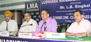 Export Promotion Council of India director general L.B.Singhal delivers a lecture organised by the Ludhiana Management Association (LMA) in Ludhiana on Friday evening.
