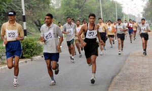 Participants at the Bathinda Marathon that was organised by the Chetak Corps inside the cantonment area in Bathinda on Sunday.