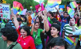 Lesbians, gays, bisexuals and trans-sexuals participate in their Queer Pride parade in New Delhi on Sunday.