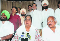 PPCC president Rajinder Kaur Bhattal addresses a press conference in Patiala on Sunday. 