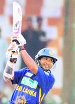Kumar Sangakkara hits a shot during the Super League Asia Cup match between Pakistan and Sri Lanka at the National Stadium in Karachi on Sunday. 