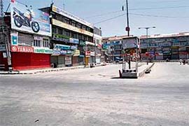 A deserted market during a complete shutdown in Srinagar on Monday, against the killing of five residents by the police during demonstrations against the transfer of forest land to the Amarnath Shrine Board. 