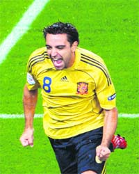 Spanish midfielder Xavi Hernandez celebrates after scoring during the Euro 2008 championships semifinal match against Russia on Thursday at Ernst-Happel stadium in Vienna, Austria