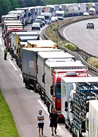 Trucks parked on a motorway near Strasbourg as French truck drivers block traffic in protest against rising fuel prices