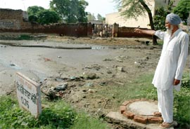 Sukhdev Singh shows his plot of land that has been turned into a swamp in Maur Mandi. 