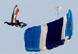 A skydiver performs acrobatics on the 29th Raising Day celebrations of the Chetak Corps in Bathinda on Tuesday