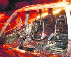 The remains of Tata Safari that caught fire in Sector 21, Chandigarh, on Tuesday.