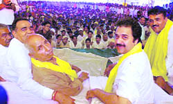 Haryana Janhit Congress (BL) chief Kuldeep Bishnoi at a public meeting organised at Uklana, about 45 km from Hisar, on Tuesday