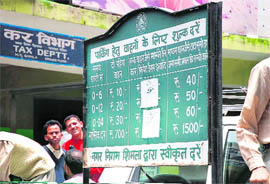 A view of the parking fee list defaced by contractors to charge gullible tourists at will