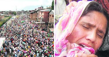 Thousands of Kashmiri Muslims holding demonstrations against the transfer of forest land to a shrine board in Srinagar on Tuesday. The order transferring land has, however, been revoked. (Right) A family member of Abdul Gani Sheikh, who was killed in tear-gas shelling by the police during protest demonstrations by Kashmiri Muslims wails