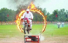 Daredevils present stunts during the passing-out-parade held at the PAP complex in Jalandhar on Tuesday.