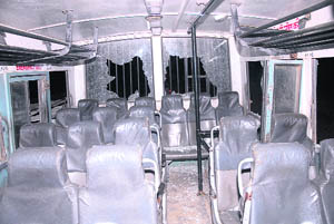 The bus of the J&K State Transport Corporation, which was attacked by activists of Hindu organisations in Bathinda on Monday. 