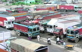 Trucks at Transport Nagar following the call for strike by transporters in Ludhiana