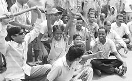 Activists of the Bajrang Dal, Shiv Sena (Hindustan) and VHS protest during India bandh in Patiala on Thursday