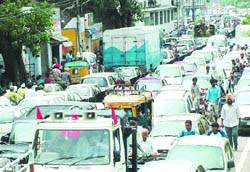 A traffic jam in a busy city area.