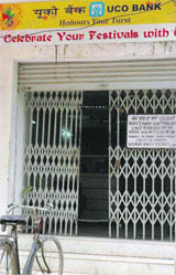 The branch of UCO Bank at Naya Goan that remains unguarded after 5 pm. 