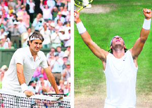 Roger Federer (L) of Switzerland waits for Marat Safin of Russia at the net after beating him 6-3,7-6, 6-4, in a Mens Singles semifinal match during the 2008 Wimbledon Championships at the All England Tennis Club in south-west London, on Friday. Rafael Nadal of Spain celebrates after beating Rainer Schuettler of Germany 6-1, 7-6, 6-4, in the days other Singles semifinal at the All England Tennis Club on Friday.