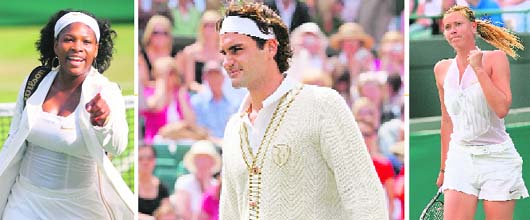 Serena Williams (L) in her trenchcoat, Roger Federer (C) in his 1920s Gatsby-style cardigan, while Maria Sharapova flaunts her shorts