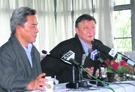Kelsang Gyaltsen and Sonam N. Dagpo, envoys of the Dalai Lama, brief mediapersons about their talks with the Chinese authorities, at Dharamsala on Saturday.