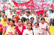 Bank employees from all over Punjab participate in a state-level rally against privatisation in Ludhiana on Saturday.