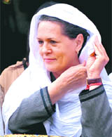 Sonia Gandhi during the offering of a chaddar to be taken to Ajmer as part of the Urs festival at Khawaja Moinudddin Hasans Dargah, at 10 Janpath in New Delhi on Saturday.
