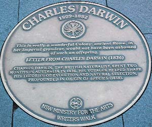 A copper plaque at Writers Path in Sydney commemorates Charles Darwins visit to Australia to collect material for his magnum opus, The Origin of Species