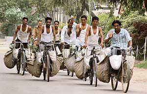 Vendors on their way to sell vegetables in the Model Town area, Ludhiana, on Sunday.