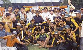 Harish Rai Dhanda, chief parliamentary secretary, Punjab, along with Peshawar XI team that defeated Indias Punjab XI in the Deaf and Dumb Dosti Cup Cricket Tournament played at PAU, Ludhiana, on Sunday.